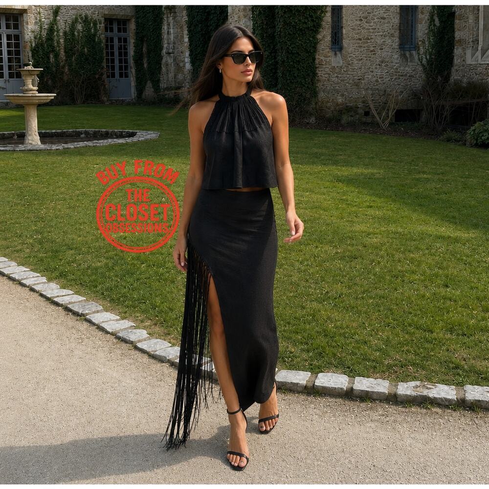 Zara NWT Black Linen Fringe Co-Ord Set Top Skirt L - Picture 2 of 16